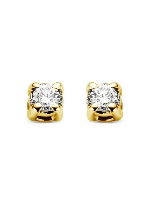 Geelgouden solitair oorstekers, 0.04 ct diamant, Groeibriljant