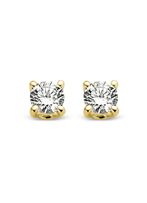 Geelgouden solitair oorstekers, 0.06 ct diamant, Groeibriljant